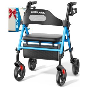 Cadeira de Rodas Dobrável com Assento para Idosos, 8 Grandes Rodas, Suporta até 160 kg, Ajustável em Altura, Leve - Azul Claro,HOMLAND