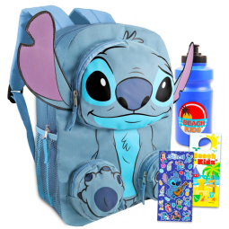 Mochila Escolar Infantil Stitch 5L com Bolsos Frontais, Garrafa de Água e Figurinhas para Crianças, Lilo and Stitch, Azul