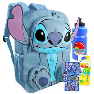 Mochila Escolar Infantil Stitch 5L com Bolsos Frontais, Garrafa de Água e Figurinhas para Crianças, Lilo and Stitch, Azul