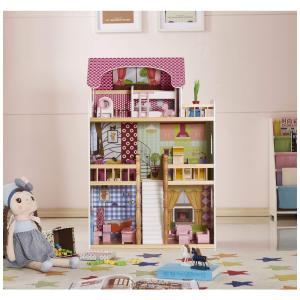 Casa de Bonecas de Madeira com Escadas e Acessórios para Crianças de 3 a 12 Anos, HILIROOM, Rosa