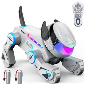 Robô Cachorro Programável Cinza – SIMREX, Cão Robótico Interativo com Bluetooth, Controle Remoto, Sensores de Toque e Dança