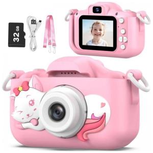 Câmera digital infantil Goopow, rosa e roxa, inclui cartão MicroSD de 32GB, resistente a quedas e durável para meninas de 3 a 10 anos.