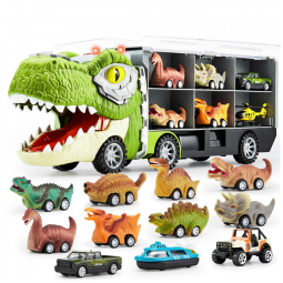 Caminhão Transportador de Dinossauros Retráteis 13 em 1 e Helicóptero com Música, Som Estrondoso e Luzes para Crianças Acima de 3 Anos