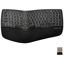 Teclado Ergonômico Dividido Sem Fio Recarregável Reduz a Tensão das Mãos com Descanso de Pulso e Luz LED, DELUX GM902A, Preto