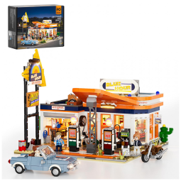 Conjunto de Blocos de Montar FUNWHOLE Posto de Gasolina LED, 1608 Peças, Veículos Retrô, Temática Viagem Estrada, Modelo F9065-MT-EU
