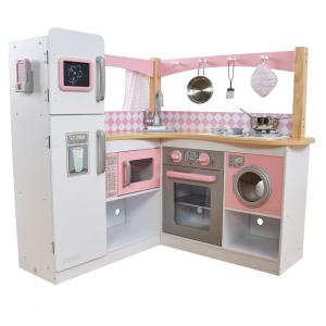Cozinha Infantil em Madeira com Lavadora, Quadro Negro, Cortinas e 4 Acessórios para Crianças Acima de 3 Anos, KidKraft, Rosa