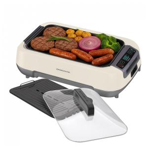 Churrasqueira Elétrica OVENTE Sem Fumaça para Uso Interno 1500W, Controle OneTouch, Display LED, Tampa de Vidro, Placas Antiaderentes