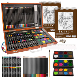 U.S. Kit de Pintura Profissional com Malete de Madeira, 82 Peças, US ART SUPPLY FBA82 SKETCH, Marrom