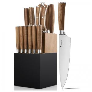 Conjunto de Facas em Aço Inoxidável com Bloco de Bancada, 15 Peças, Kangdelun, Marrom