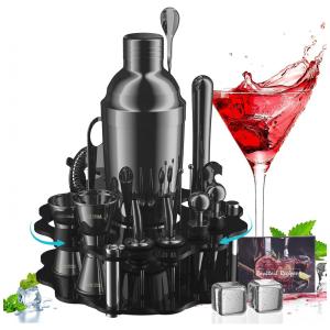 Kit Bartender Profissional 19 Peças em Aço Inoxidável com Suporte de Acrílico Giratório, Carsolt, Preto