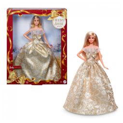 Boneca Barbie Signature 2025 Holiday loira, vestido prata e dourado, cabelo platinado cacheado, brincos e saltos dourados para