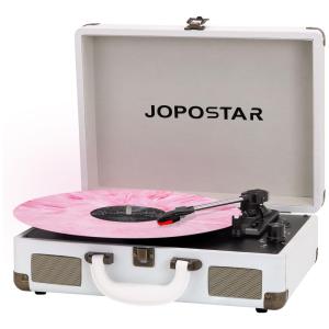 Toca Discos com Bluetooth, Gravação em PC, Bateria Recarregável e Alto Falantes Estéreo, JORLAI JOPOSTAR, Branco