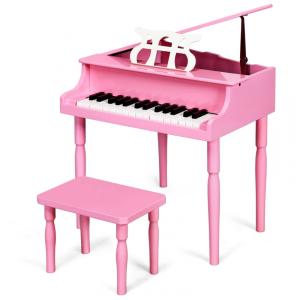 Piano Clássico Infantil com 30 Teclas, Banco, Tampa de Piano e Suporte para Partitura, Goplus, Rosa