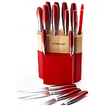 Conjunto de Facas KNIFAST em Aço Inoxidável com Bloco de Bancada, 17 Peças, Vermelho