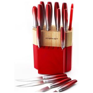 Conjunto de Facas KNIFAST em Aço Inoxidável com Bloco de Bancada, 17 Peças, Vermelho