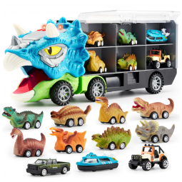 Brinquedo de Dinossauro JOYIN 13 em 1 para Crianças 3-5 anos, Caminhão Triceraptor com 12 Carros de Tração, Presente de Aniversário para