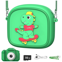 Câmera Infantil Dinossauro Verde para Meninos de 3 a 12 Anos, 12MP, Vídeo HD 1080p, Bateria Recarregável, Cartão SD 32GB,OUTUVAS.