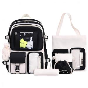 Mochila HORHREAR Kawaii 5 em 1 escolar transparente, com pelúcia e estojo, bege/tons colorblock