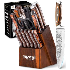 RVZHI Conjunto de Facas em Aço Inoxidável com Afiador Embutido e Bloco de Bancada 15 Peças, Marrom