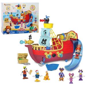 Barco Pirata de Aventura ao Tesouro com Figuras Bônus, Conjunto de 18 Peças e Playset, Disney Junior Mickey Mouse Funhouse.