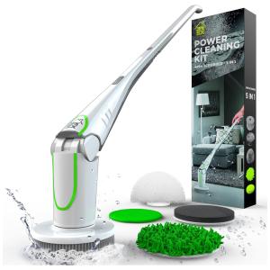 JPK Vassoura Elétrica Rotativa 360 sem Fio com Cabo Flexível e 4 Acessórios, 110V, Branco e Verde