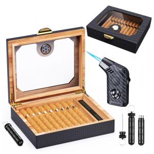 Umidor de Charutos Moniup, Revestido com Cedro, com Isqueiro VCut e Ferramenta 2 em 1 para Melhora do Fluxo, Higrômetro, Umidificador