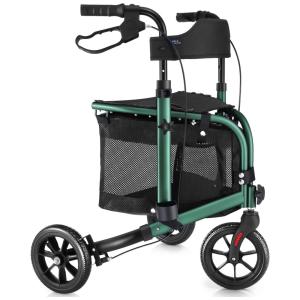 Andador Dobrável de 3 Rodas com Assento Acolchoado Ideal para Idosos, WALK MATE, Verde