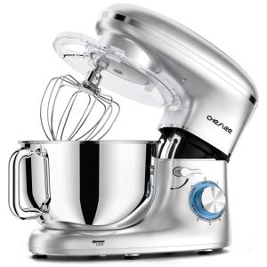 Batedeira Cheflee, 600W 6 Marchas com Tigela de 6,5 Litros em Inox, Gancho para Massas, Batedor de Claras, Ideal para Cozinheiros Amadores.