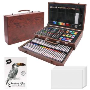 Kit Lápis de Cor Profissional com Maleta de Madeira 148 peças Tintas Acrílicas, Aquarela, LUCKY CROWN , Marrom