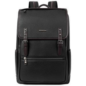 Mochila masculina de couro 15,6 polegadas mochila para laptop viagem de negócios grande vintage bolsa de ombro com aba preta, CLUCI