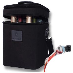 HAMILO Bolsa Térmica Para Transporte de Vinhos até 4 Garrafas com Zíper Expansível, Preta