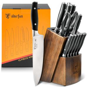 Conjunto de Facas com Bloco de Bancada, Afiador Embutido e Cabo Ergonômico, 15 Peças, ODERFUN, Preto