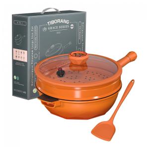 Panela Funda Antiaderente com Indicador de Calor, Tampa de Vidro,Cabo Frio, Grelha a Vapor, Livre de PFOA