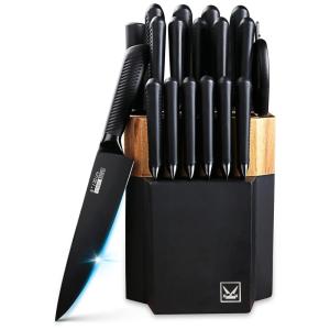 Conjunto de Facas Petalirs em Aço Inoxidável com Bloco de Bancada e Afiador Embutido, 18 Peças, Preto.