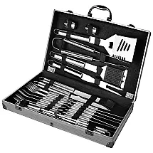 Kit Churrasco na Grelha 24 Peças de Aço Inoxidável com Estojo de zenamento, FLOLATIDIA, Prateado