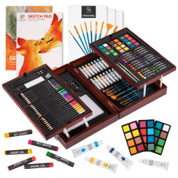Kit Lápis de Cor Profissional com Maleta de Madeira 130 peças Tintas Acrílicas, Aquarela, POPYOLA, Marrom