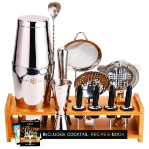 Kit Bartender Profissional 18 Peças em Aço Inoxidável com Suporte de Bambu e Livro de Receitas, Winter Castle, Dourado