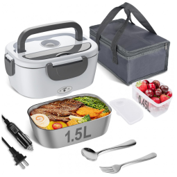 Marmita Elétrica Portátil 1,5L com Garfo, Colher e Bolsa para Transporte, 12V 1110V 60W, Vabaso, Cinza