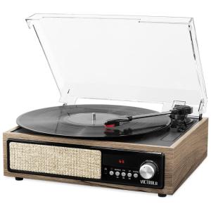 Vitrola 3 em 1 Gravador Bluetooth com Alto Falantes Integrados e Toca Discos de 3 Velocidades, Farmhouse Walnut, VICTROLA VTA 67 ESP