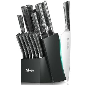 Conjunto de Facas em Aço Inoxidável com Bloco de Bancada e Afiador Embutido, 15 Peças, Slege, Cinza