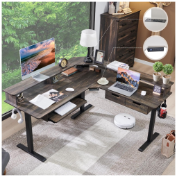 Mesa Gamer em L Elétrica RedLemon Carvalho Rústico Escuro 152 cm com Altura Ajustável, Gavetas, Bandeja Teclado, Tomadas e Luzes LED