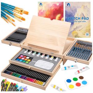 Kit Lápis de Cor Profissional VigorFun com Maleta de Madeira 85 peças Tintas Acrílicas, Aquarela, Marrom Claro