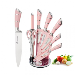 Conjunto de Facas em Aço Inoxidável com Suporte em Acrílico, 9 Peças, Rosa