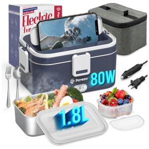 Marmita Elétrica Portátil 1,8L com Tampa Hermética e Acessórios, 12V 110V 75W, Pavezo, Azul e Branca