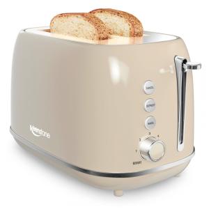 Torradeira Elétrica Retrô 2 Fatias em Aço Inoxidável com 6 Níveis de Tostagem e Bandeja de Migalhas Removível, 800W, Keenstone, Taupe