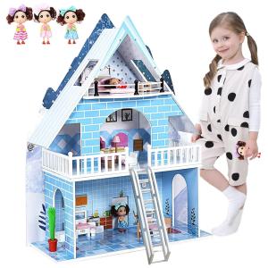 Casa de Bonecas de Madeira Casa dos Sonhos com Escadas e Acessórios para Crianças Acima de 3 Anos, HILIROOM, Azul