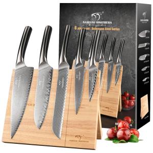 Conjunto de Facas em Aço Damasco com Bloco Magnético e Cabo Ergonômico, 6 Peças, NANFANG BROTHERS, Preto