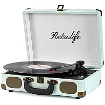 Retrolife Vitrola, Toca Discos Retro 3 Velocidades com Bluetooth e AUX, Azul Claro