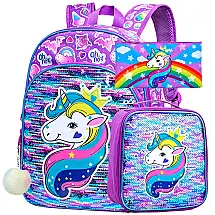 Mochila Escolar Infantil 40cm AGSDON Unicórnio 3 Peças com Lancheira, Roxa