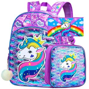 Mochila Escolar Infantil 40cm AGSDON Unicórnio 3 Peças com Lancheira, Roxa